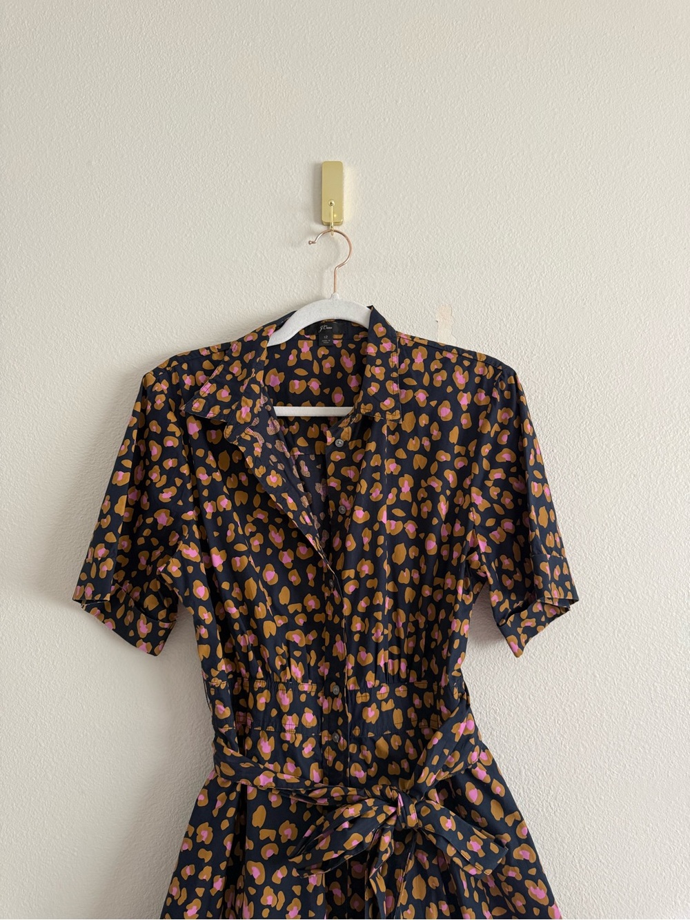 J.Crew Leopard Tie-Waist Short-Sleeve Dress Midi Shirt Dress Sz 12 - Picture 9 of 9